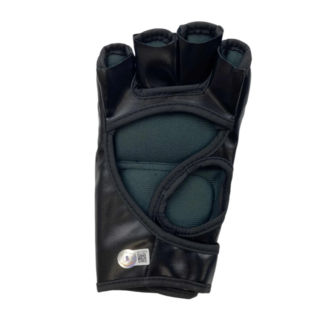 Black leather fingerless glove with padded palm and reinforced stitching autographed by charles oliveira for ufc mma use