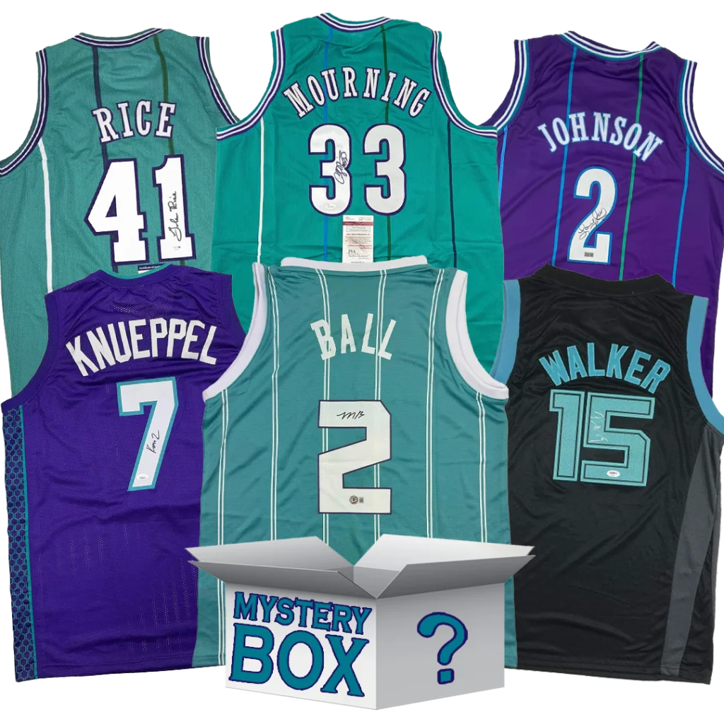 Six autographed Charlotte basketball jerseys in mystery box