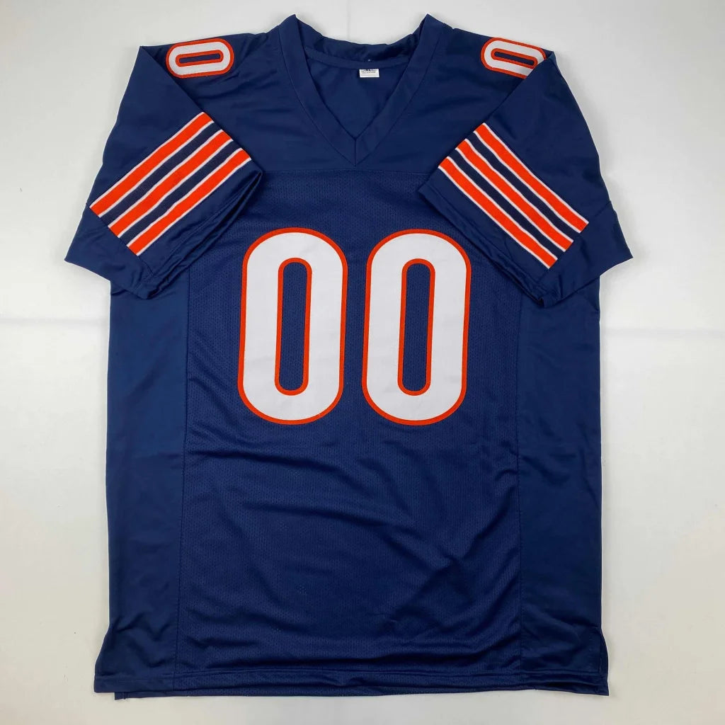 Navy blue custom jersey from Professional Sports League with orange white stripes and number 00