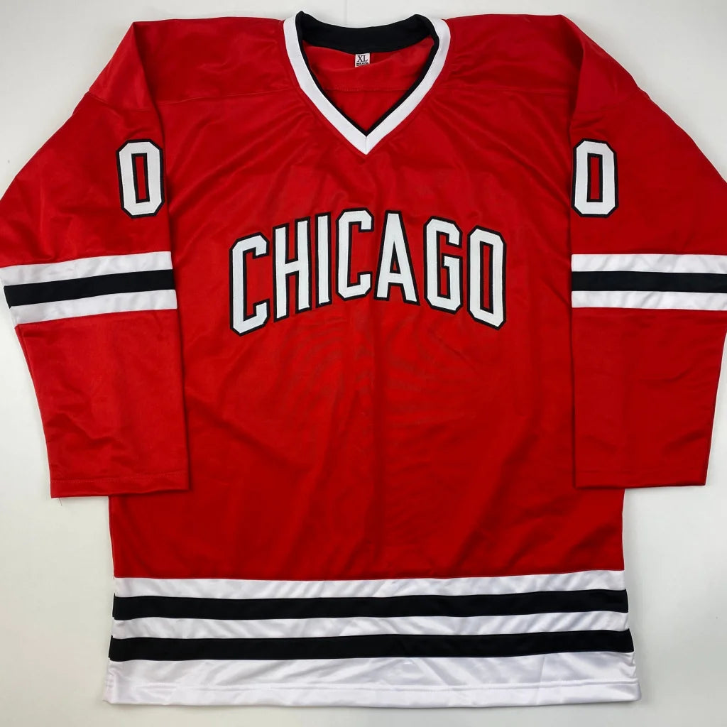 Red hockey jersey with white and black stripes from Authentic Griswold Custom Jersey, a pro sports collectible