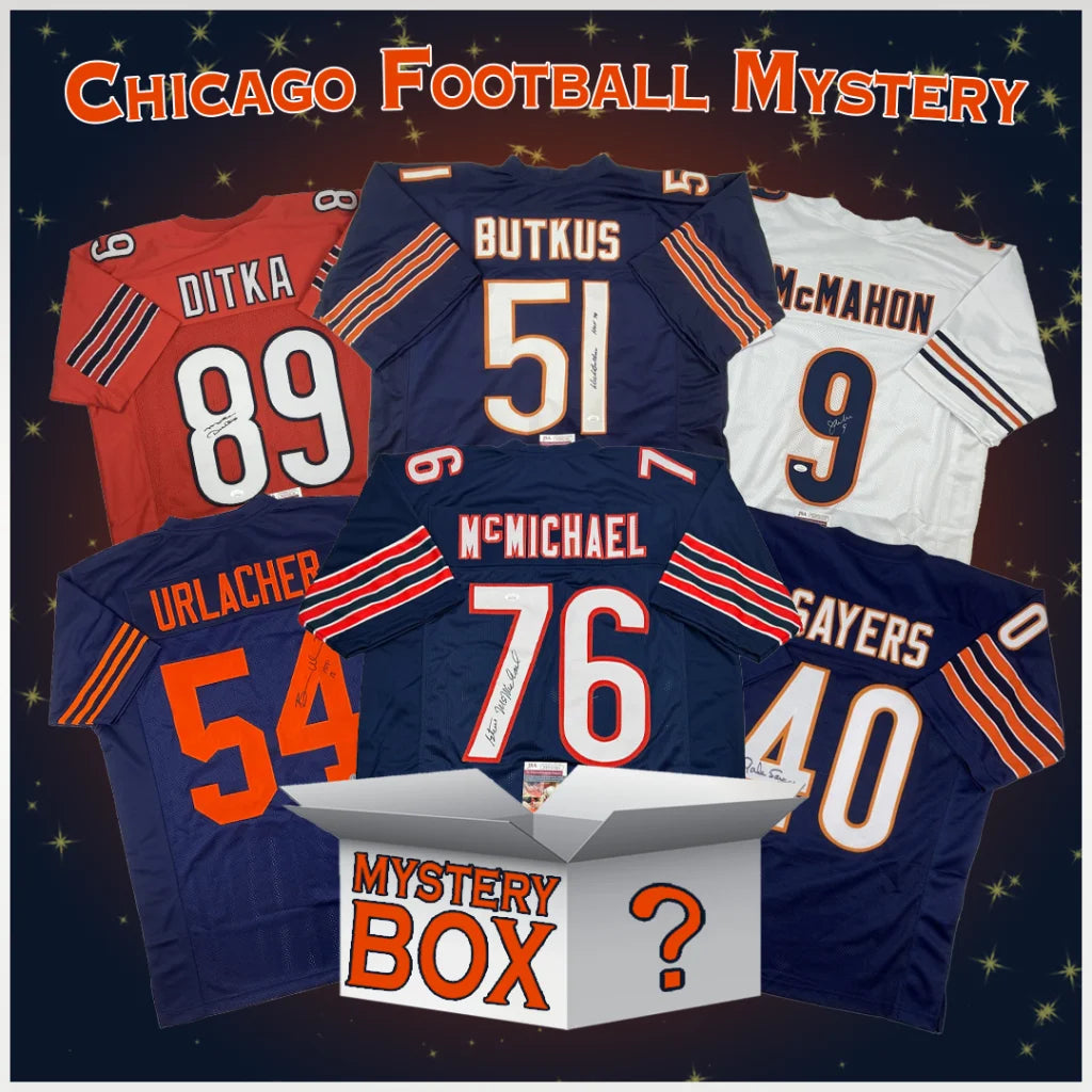 Autographed Chicago football jersey mystery box in navy blue, red, white