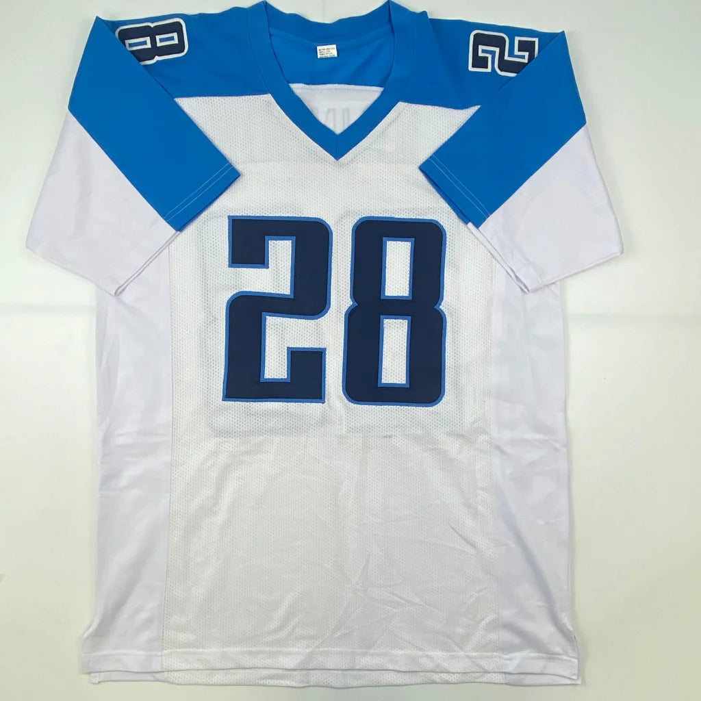 White and light blue professional sports league custom jersey with number 28