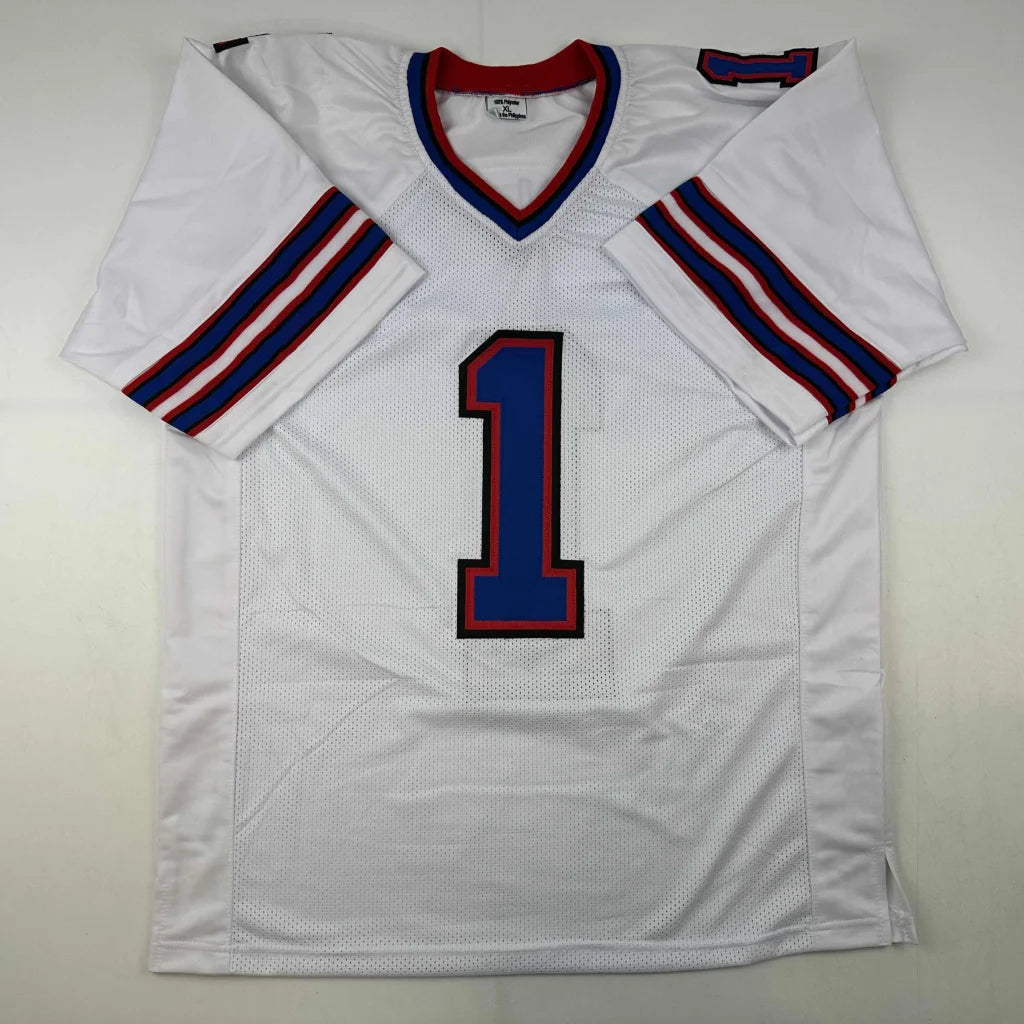 Autographed Coach Marv Levy HOF 01 Buffalo White Football Jersey Beckett BAS COA | Authenticated Signed Sports Jersey | vintageantiquesgifts.com
