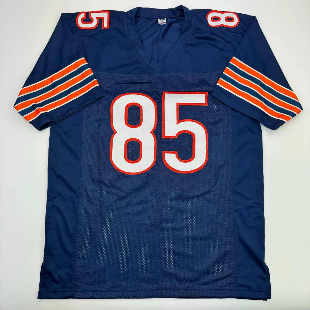 Autographed Cole Kmet Chicago blue football jersey with white orange numerals mesh front and striped sleeves custom jersey professional sports league