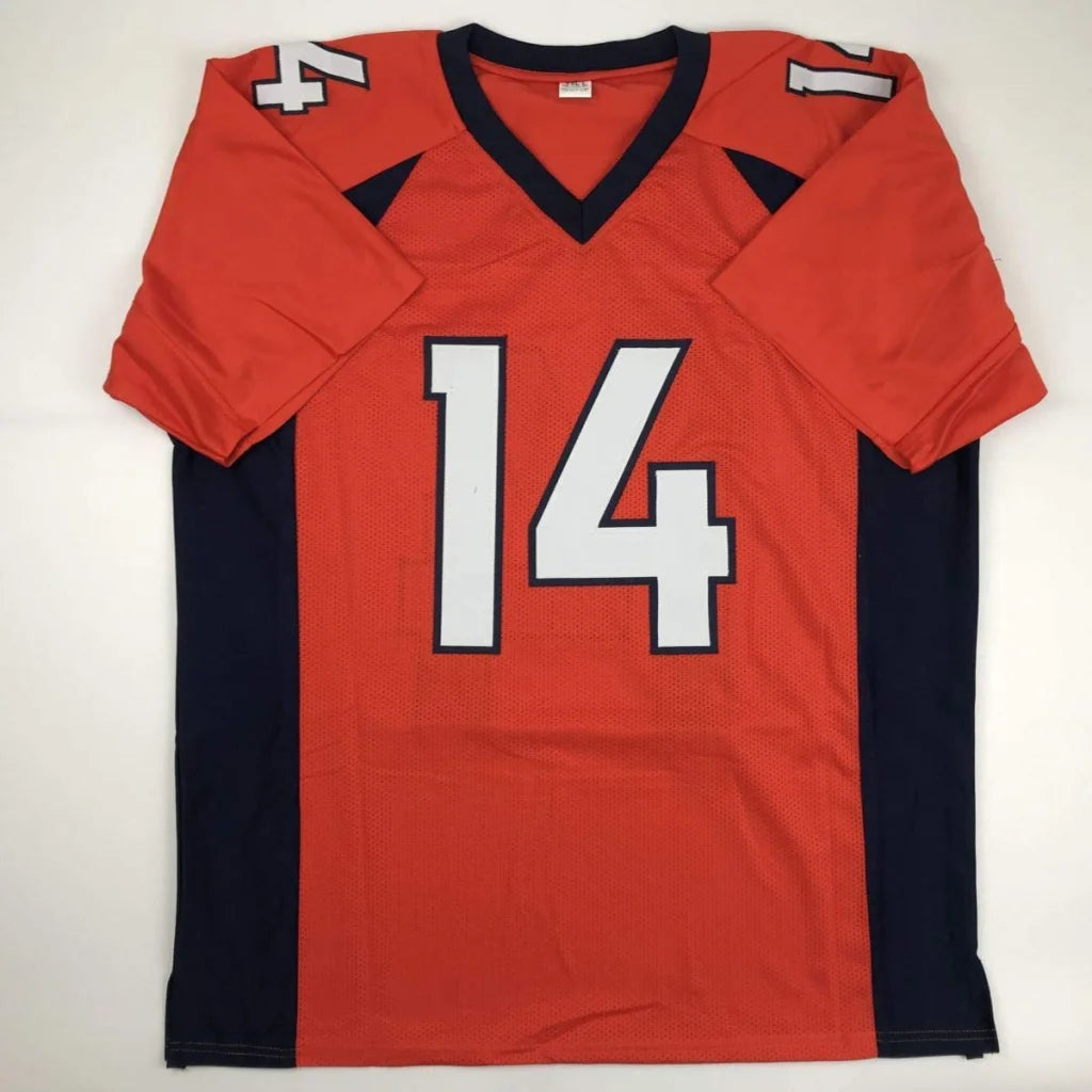 Autographed courtland sutton denver orange custom football jersey with navy blue accents and white number 14 from professional sports league