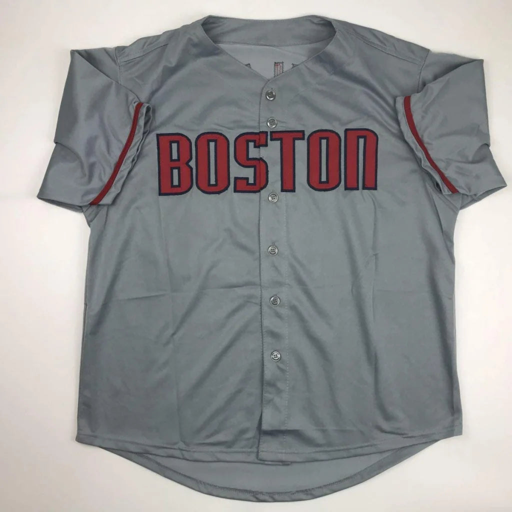 Gray Boston baseball jersey with red lettering and trim from Authentic Schilling 38 custom jersey in professional sports league