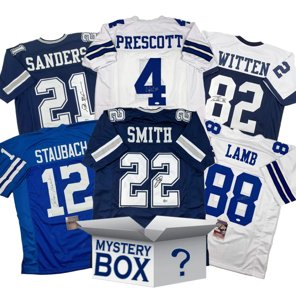 Signed Dallas Football jerseys in a jersey mystery box with PSA JSA authentication