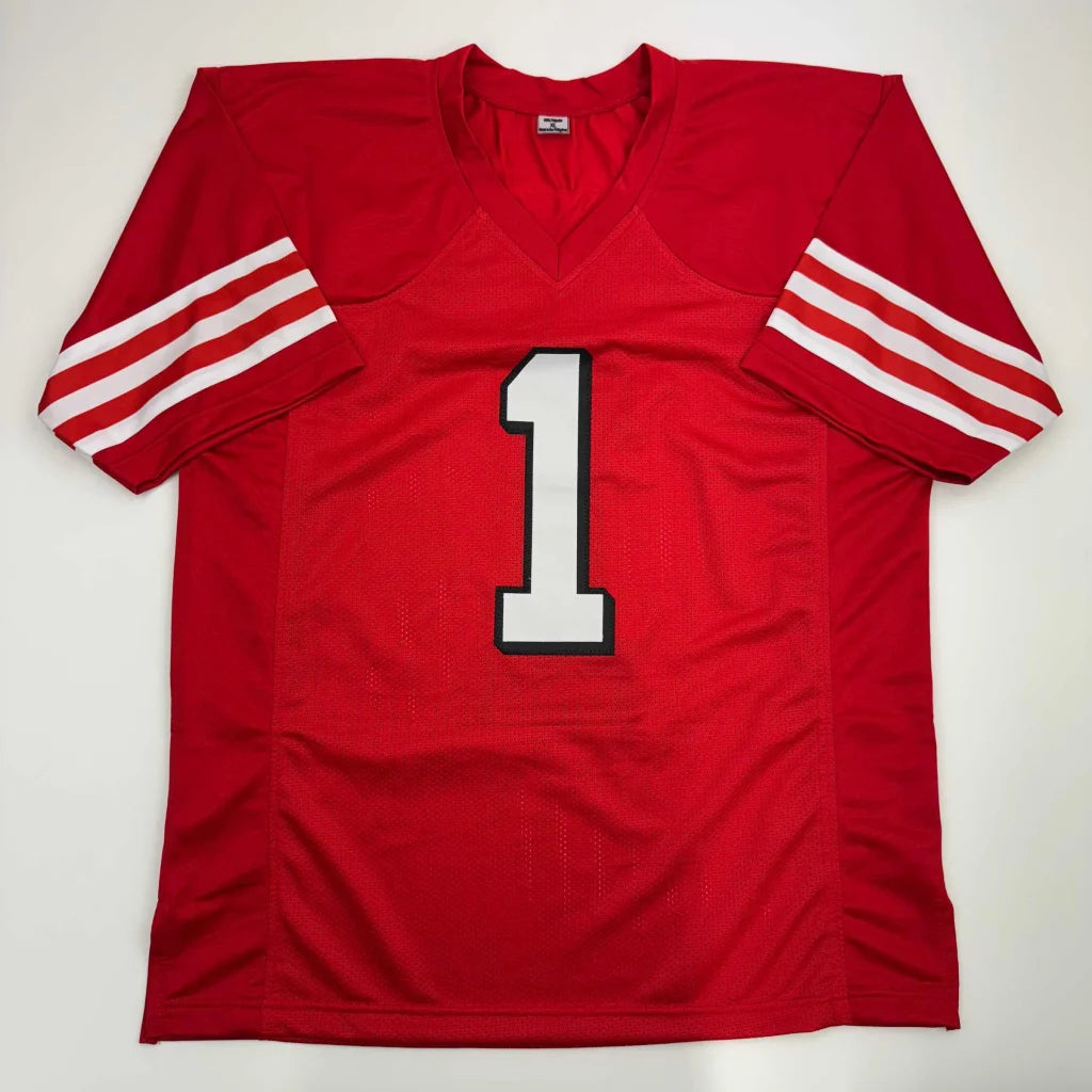 Red short-sleeve athletic jersey with white stripes and number 1 for professional sports