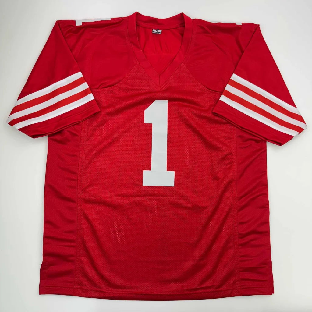 Red short-sleeved custom jersey with white stripes and number 1 for professional sports league
