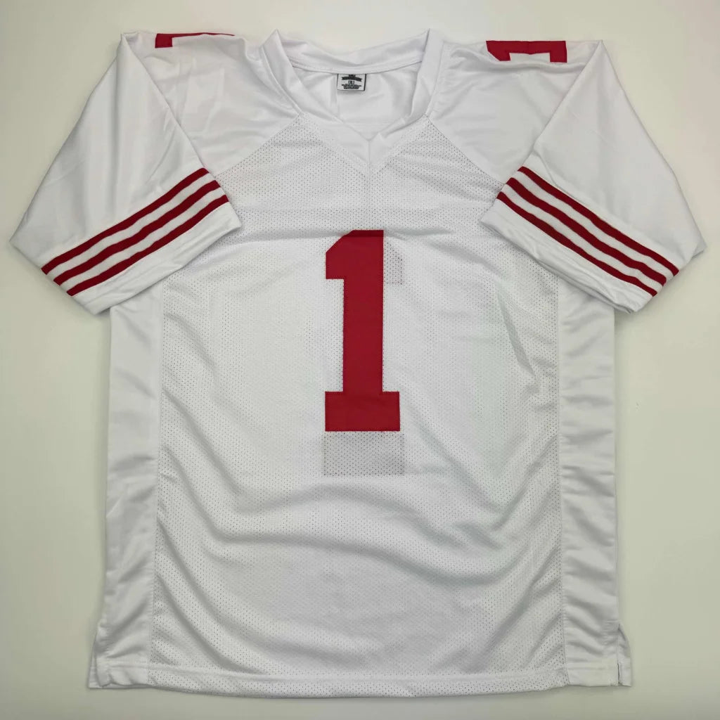 White professional sports league jersey with red number 1 and stripes for memorabilia