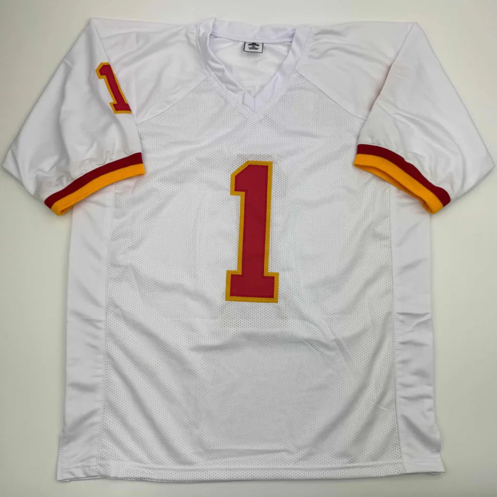 White football jersey with red and gold number 1 for professional sports fans and custom jerseys