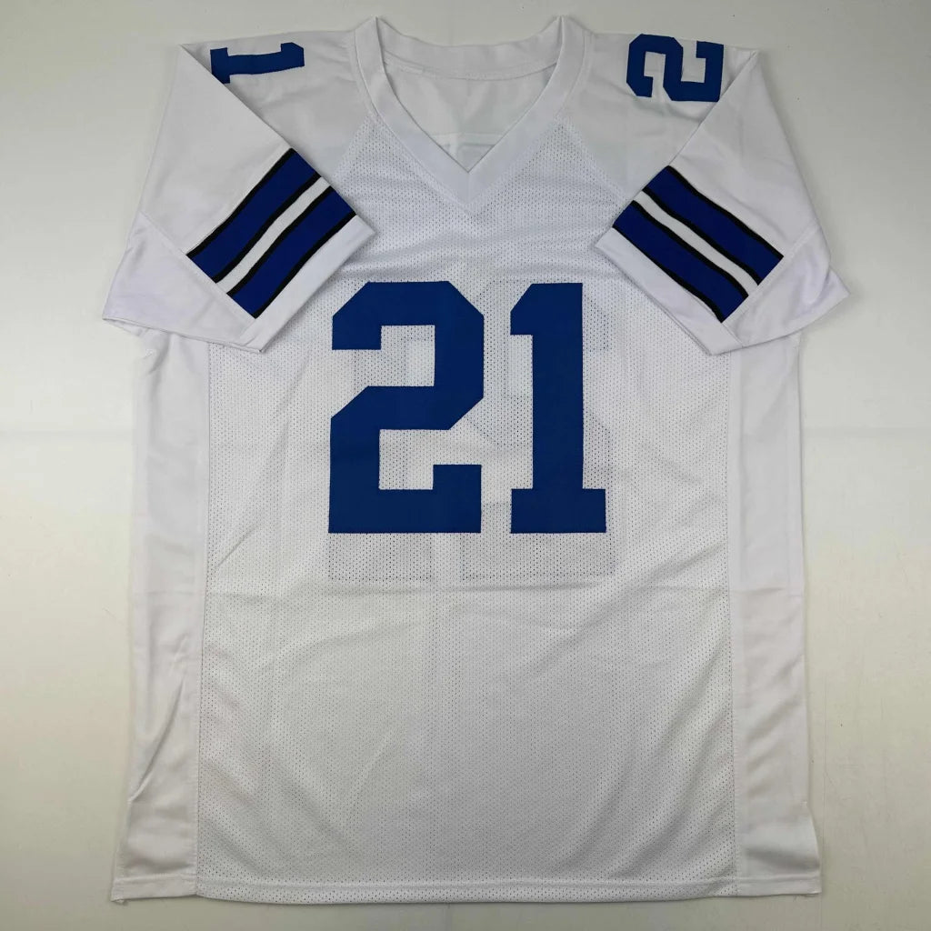 Autographed Deion Sanders Dallas white custom football jersey with blue number 21 and mesh fabric from professional sports league