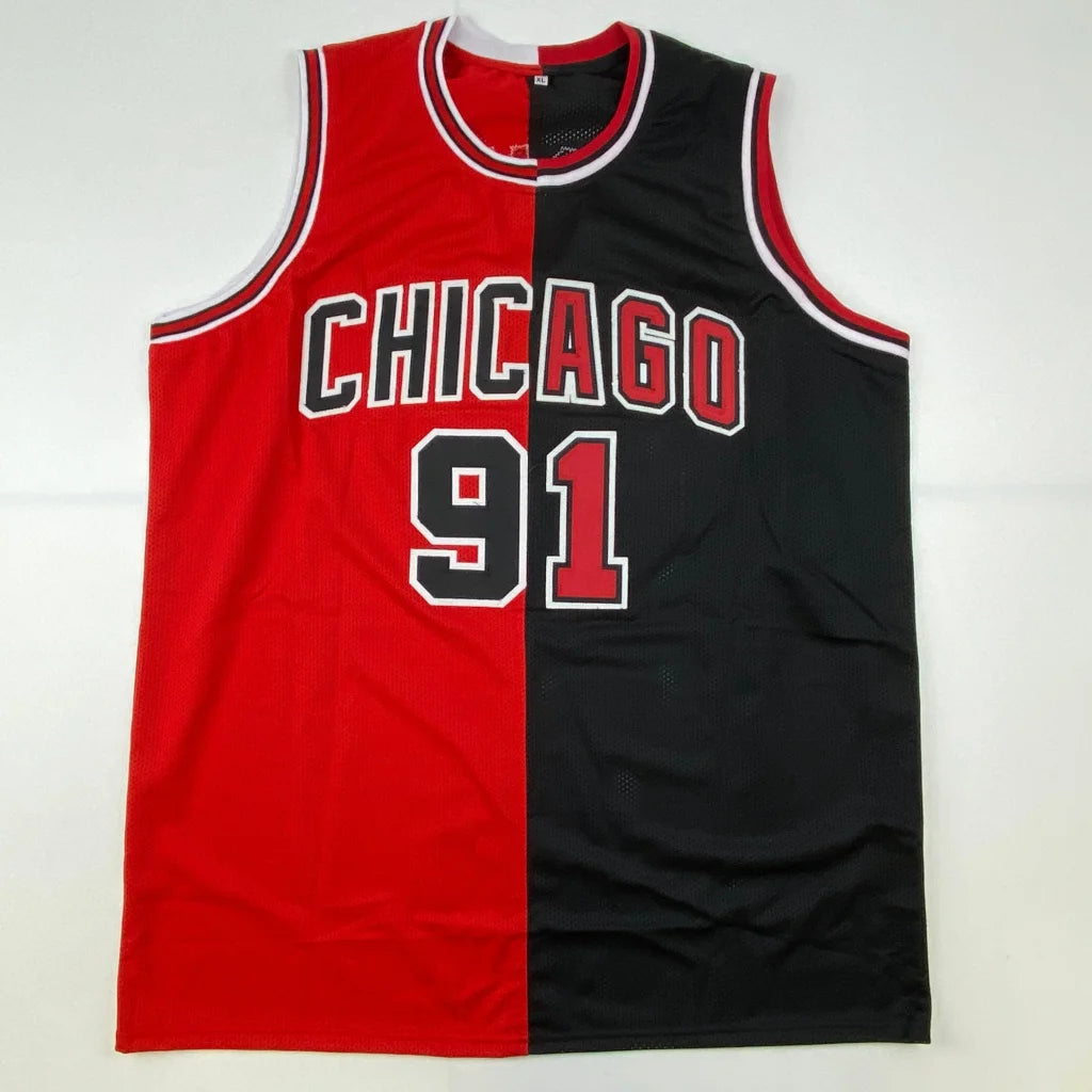 Autographed Dennis Rodman 91 Chicago Bulls red black split custom jersey