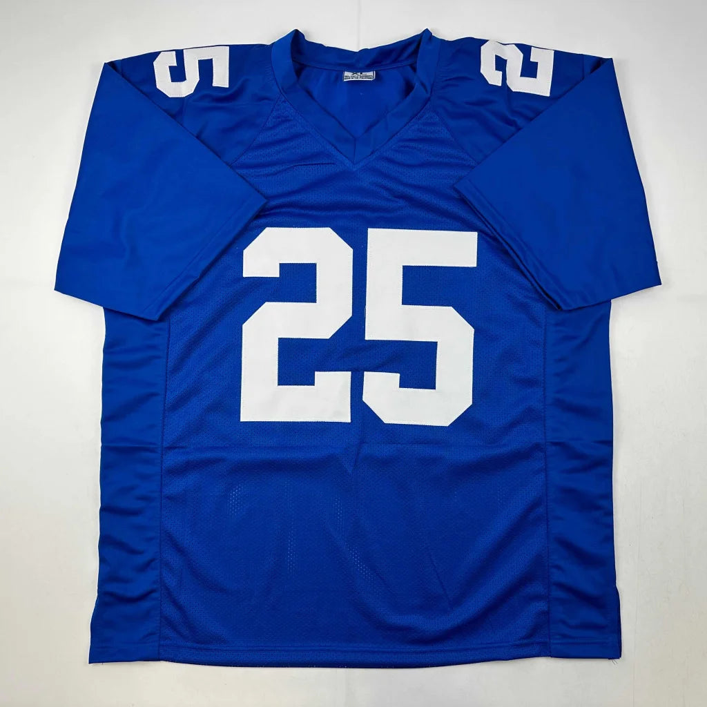 Autographed Deonte Banks New York Blue Football Jersey Beckett BAS COA | Authenticated Signed Sports Jersey | vintageantiquesgifts.com