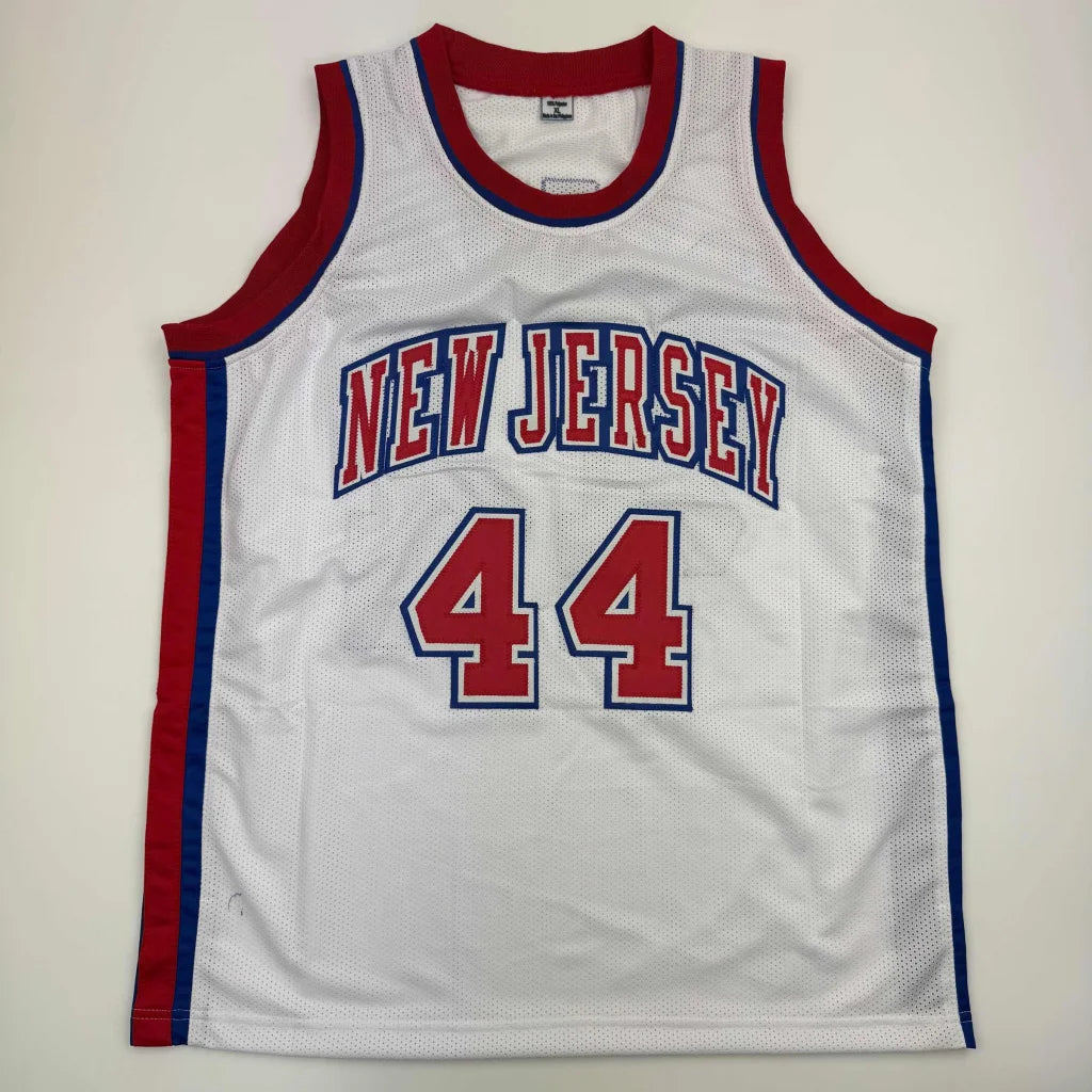 White mesh basketball jersey with red and blue trim, 44 number for professional sports league