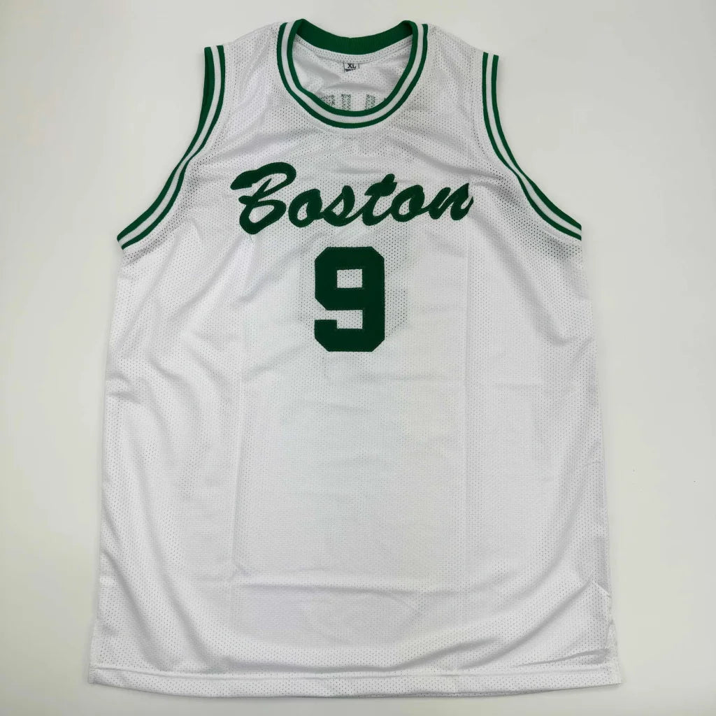 White mesh basketball jersey with green trim and boston 9 in bold green lettering autographed by derrick white for professional sports league fans
