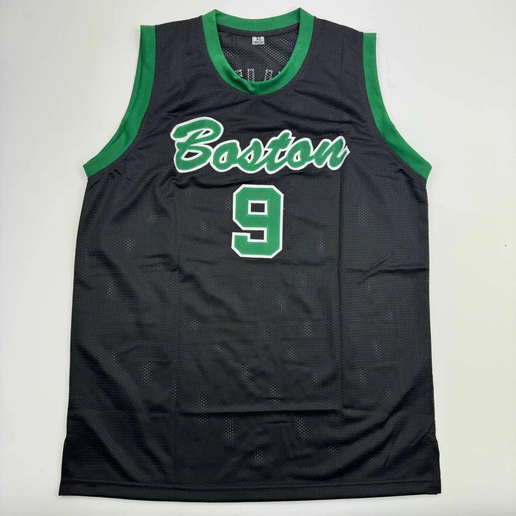 Autographed black mesh boston basketball jersey with green trim and custom boston 9 lettering for professional sports league