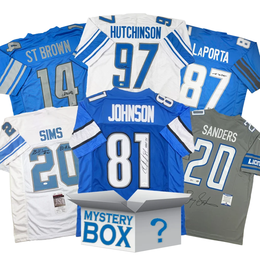 Autographed Detroit Football Jersey Mystery Box with PSA JSA or Beckett COA | Hall of Fame Sports Memorabilia | vintageantiquesgifts.com
