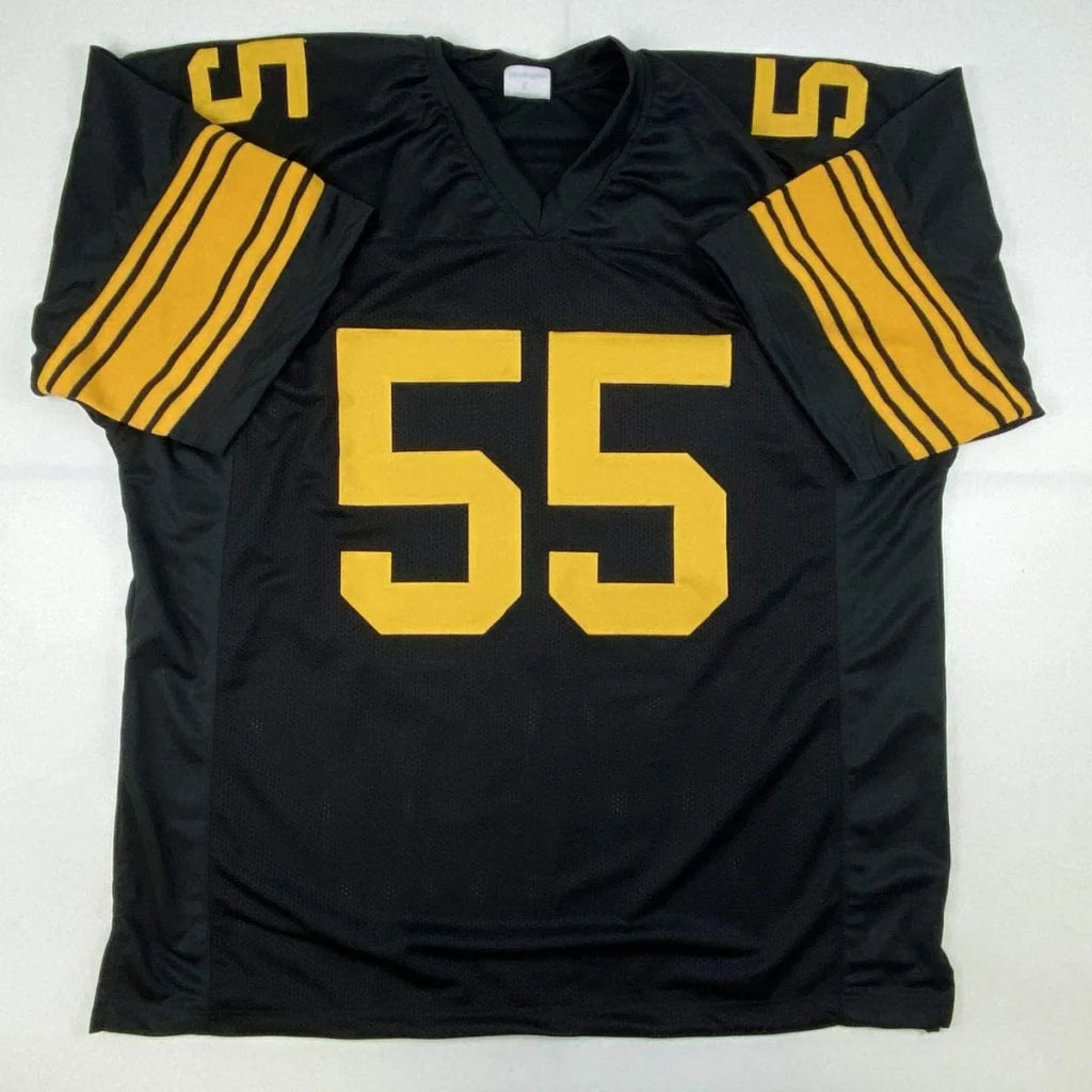 Autographed Devin Bush Pittsburgh color rush black custom jersey with bold yellow 55 and sleeve stripes for professional sports league