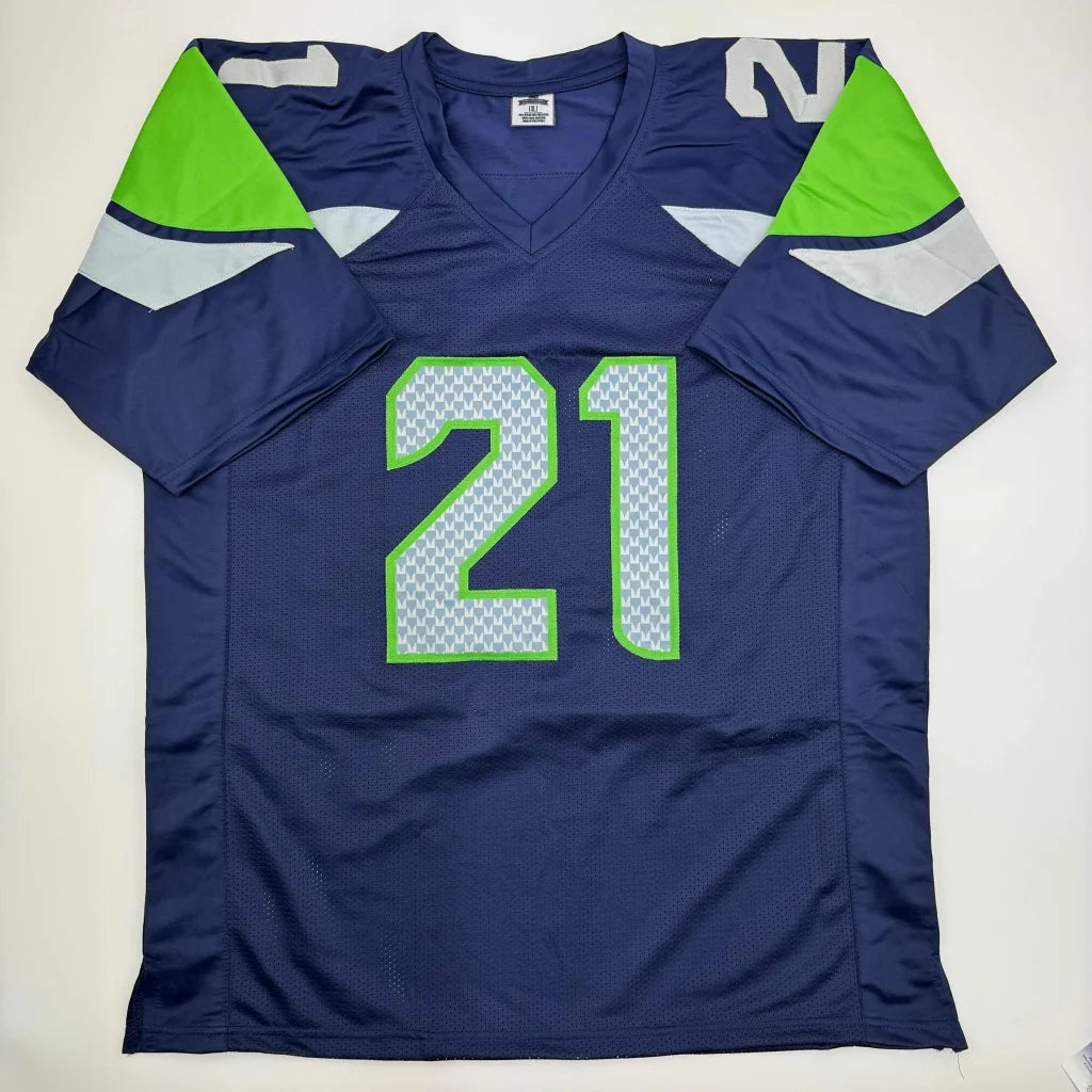 Navy blue custom jersey with 21 in lime green and light blue for professional sports fans