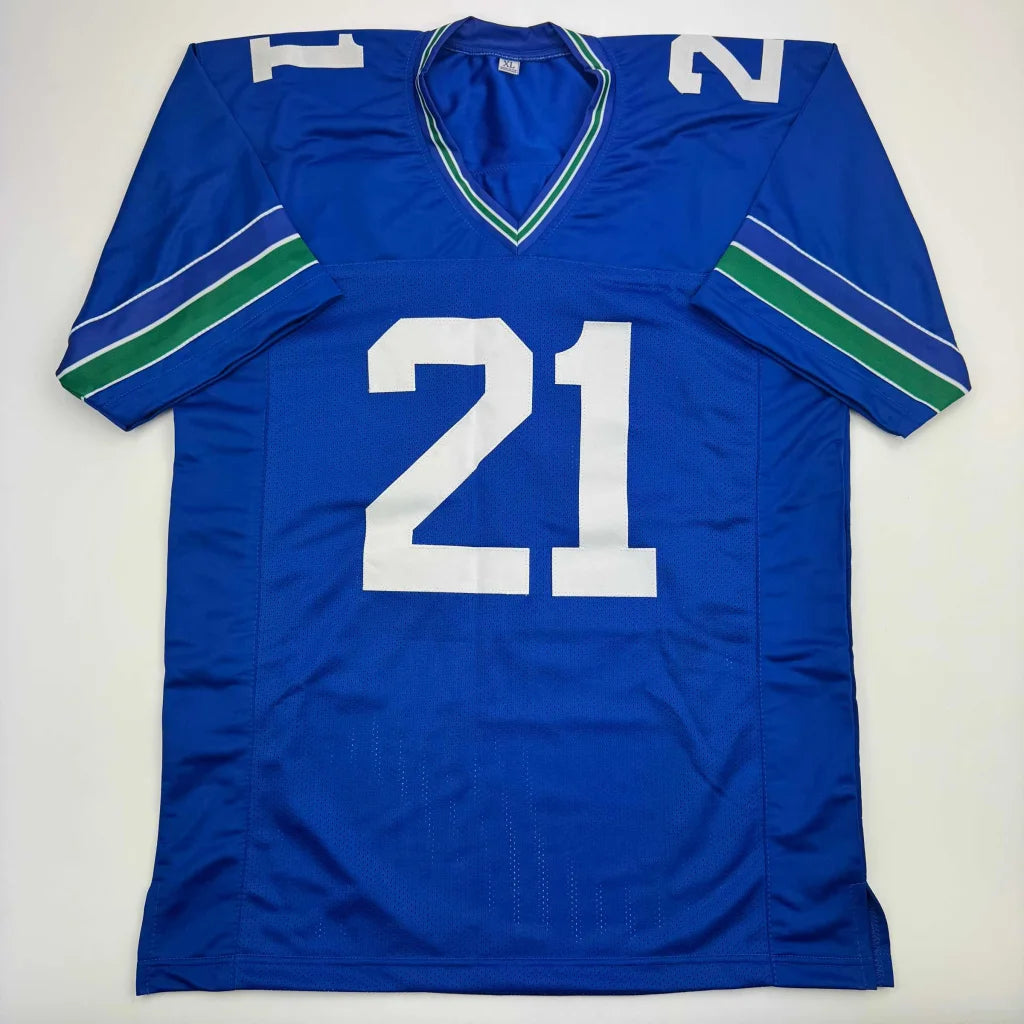 Autographed Devon Witherspoon Seattle Blue Retro Football Jersey Beckett BAS COA | Authenticated Signed Sports Jersey | vintageantiquesgifts.com