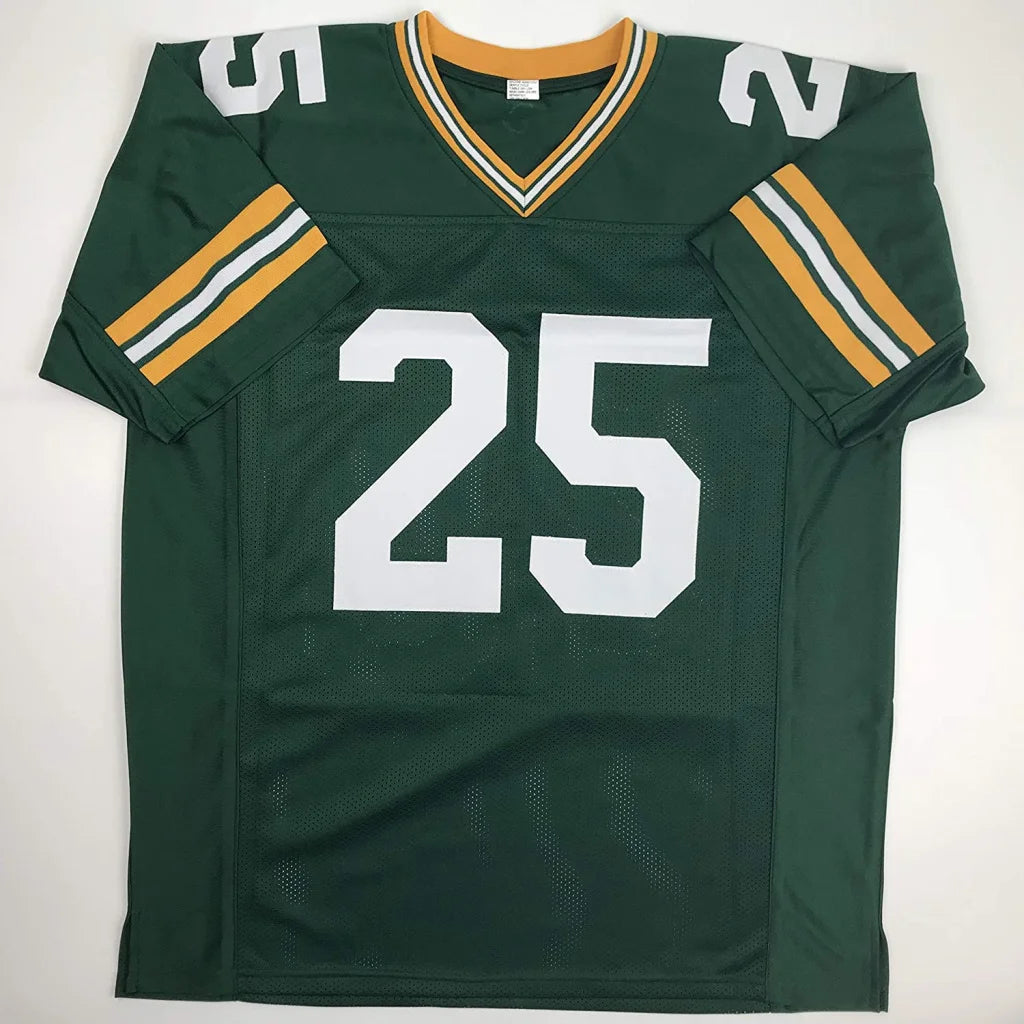 Autographed dorsey levens green bay custom football jersey with number 25 and gold white sleeve stripes professional sports league