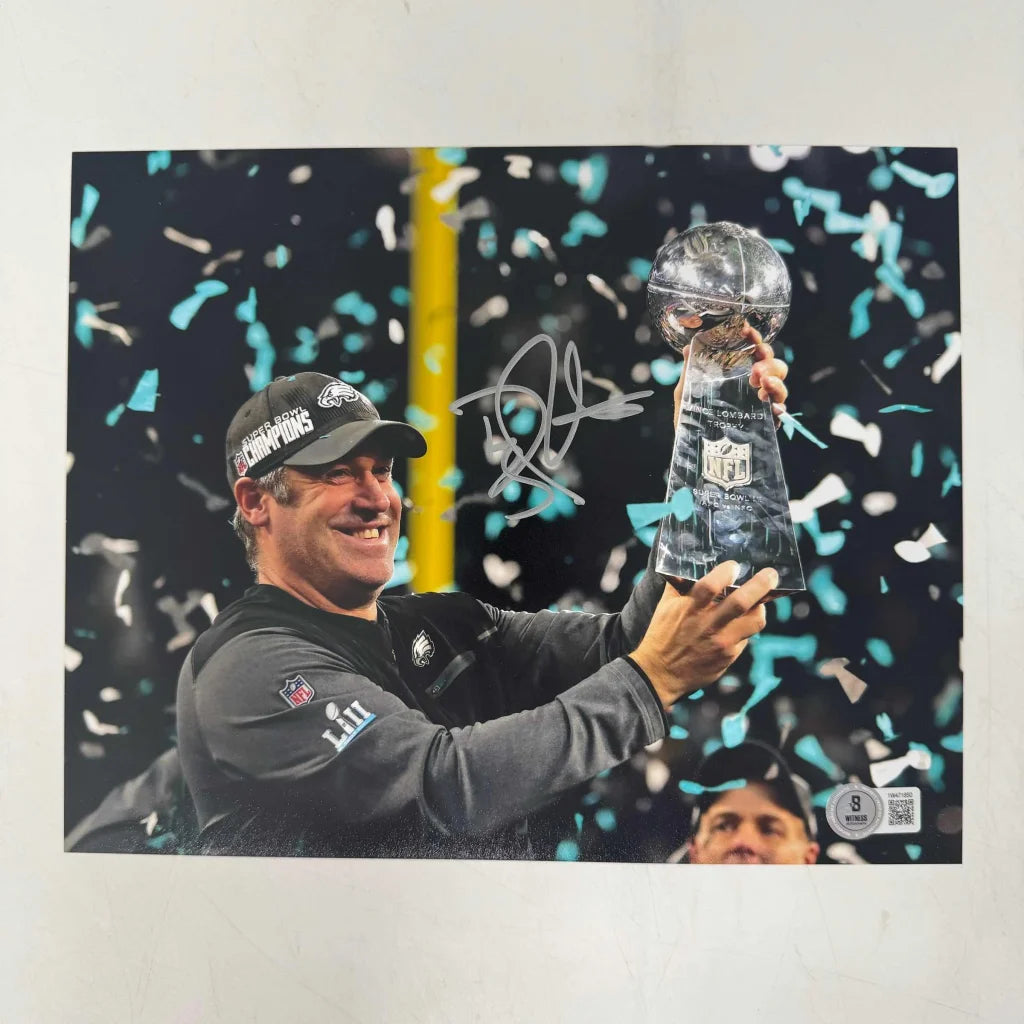Autographed Doug Pederson Philadelphia Eagles Super Bowl LII 52 Champions 8x10 Football Photo Beckett BAS COA #2 | Hall of Fame Sports Memorabilia | vintageantiquesgifts.com
