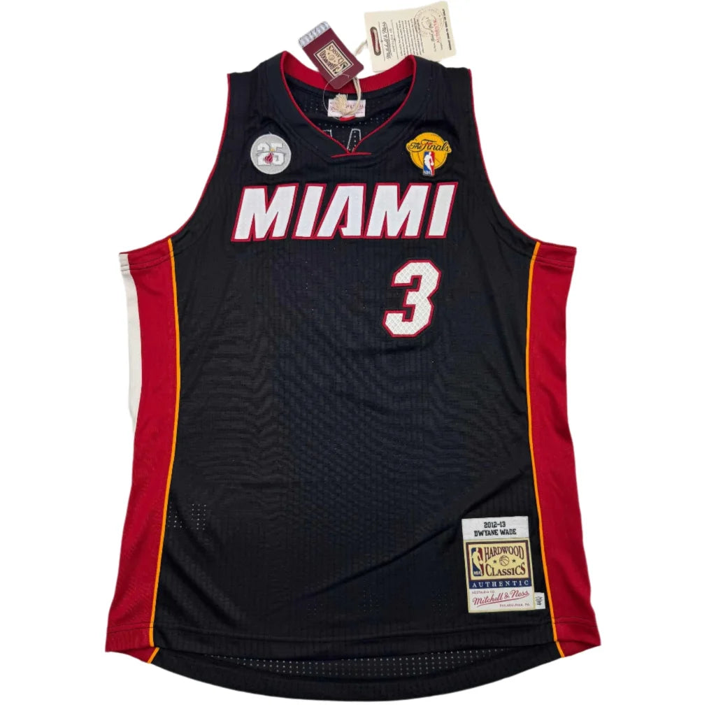 Black Miami Heat Dwyane Wade #3 jersey with red and white trim, third party authentication