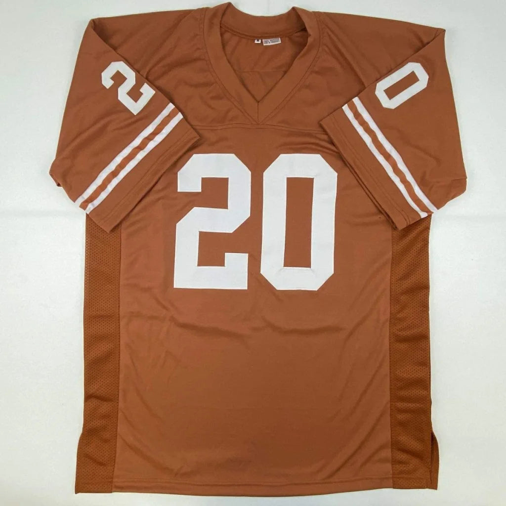 Brown football jersey with white numbers and stripes from Authentic Earl Campbell custom jersey for professional sports league