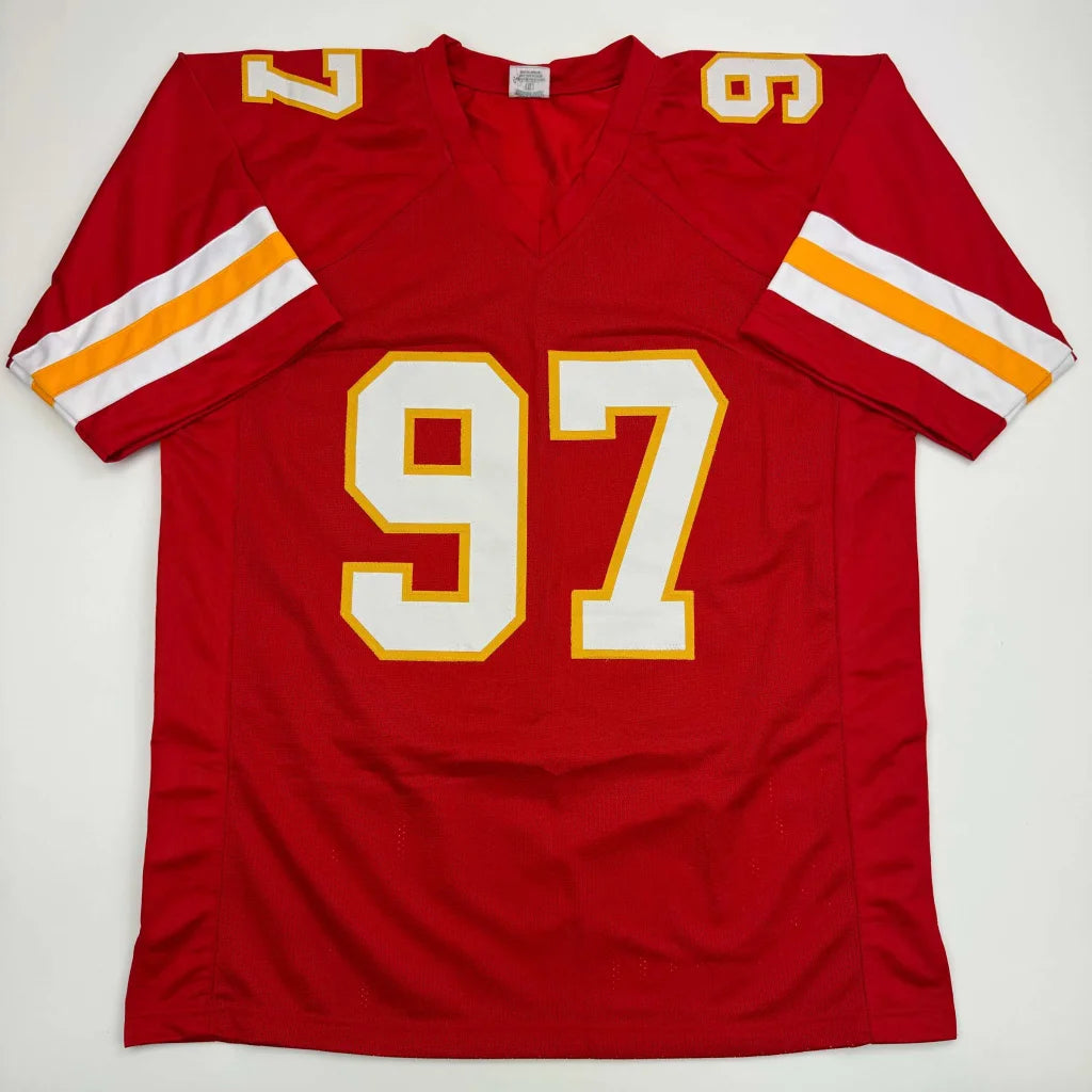 Red custom jersey from Professional Sports League star with white and gold 97 number