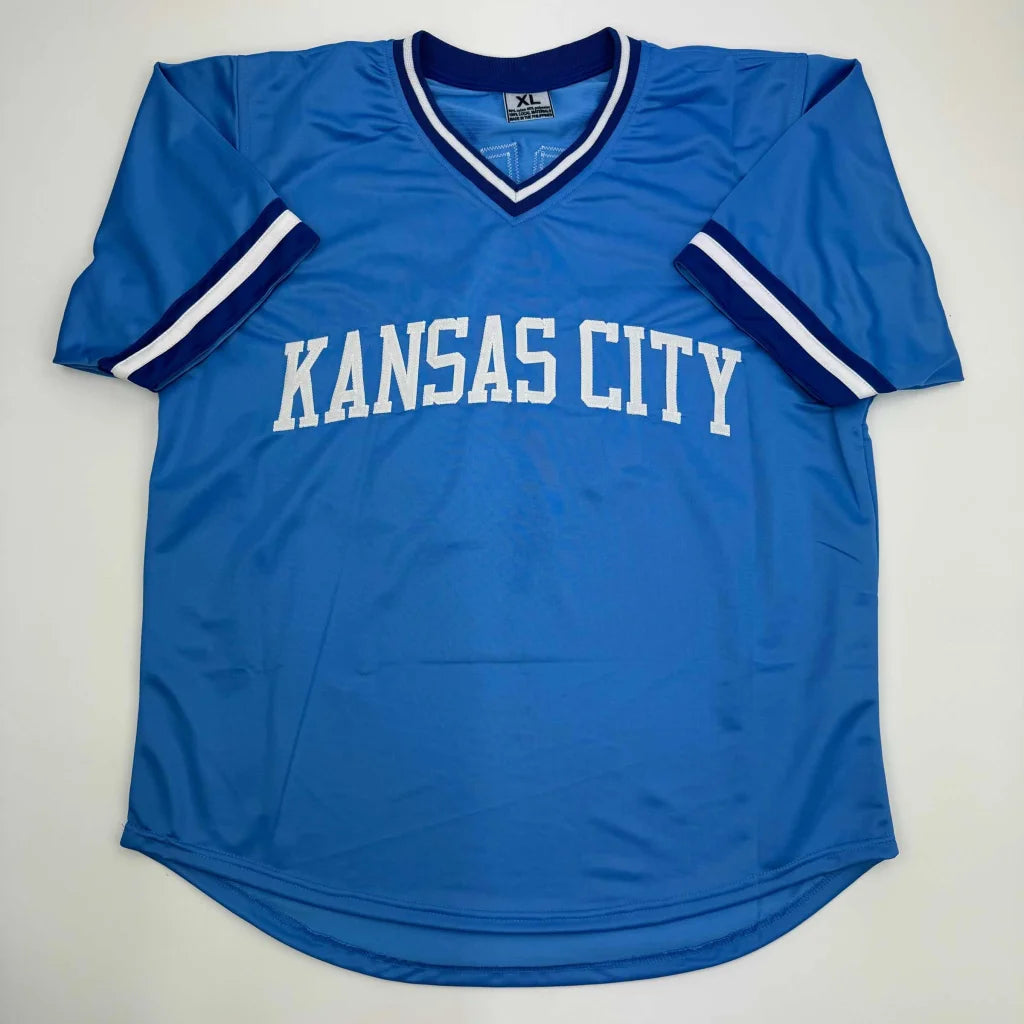 Light blue George Brett Kansas custom baseball jersey with white and dark blue trim