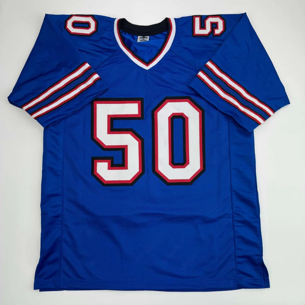Blue custom jersey from Professional Sports League with white and red 50 and shoulder numbers