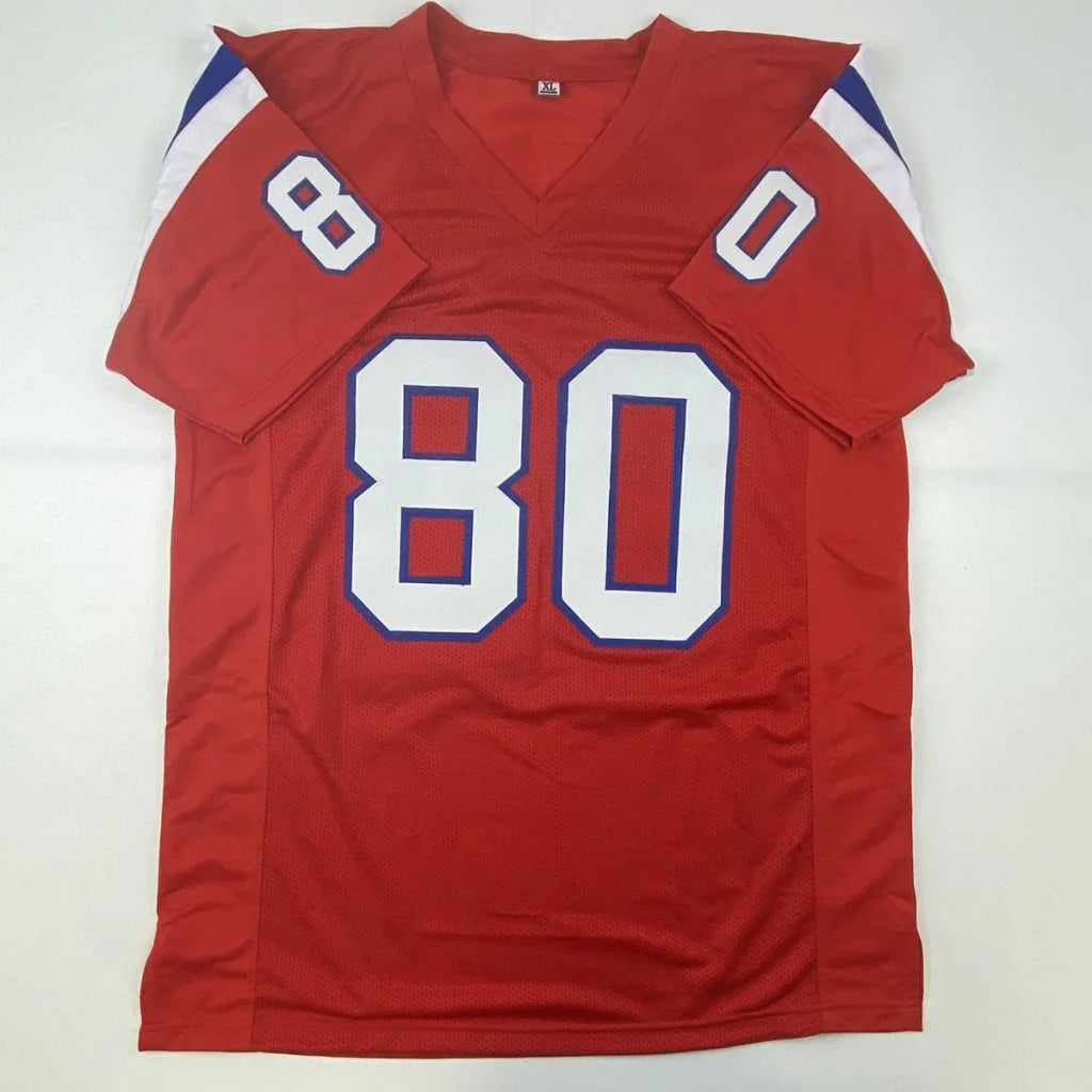 Red custom jersey with white and blue accents from professional sports league