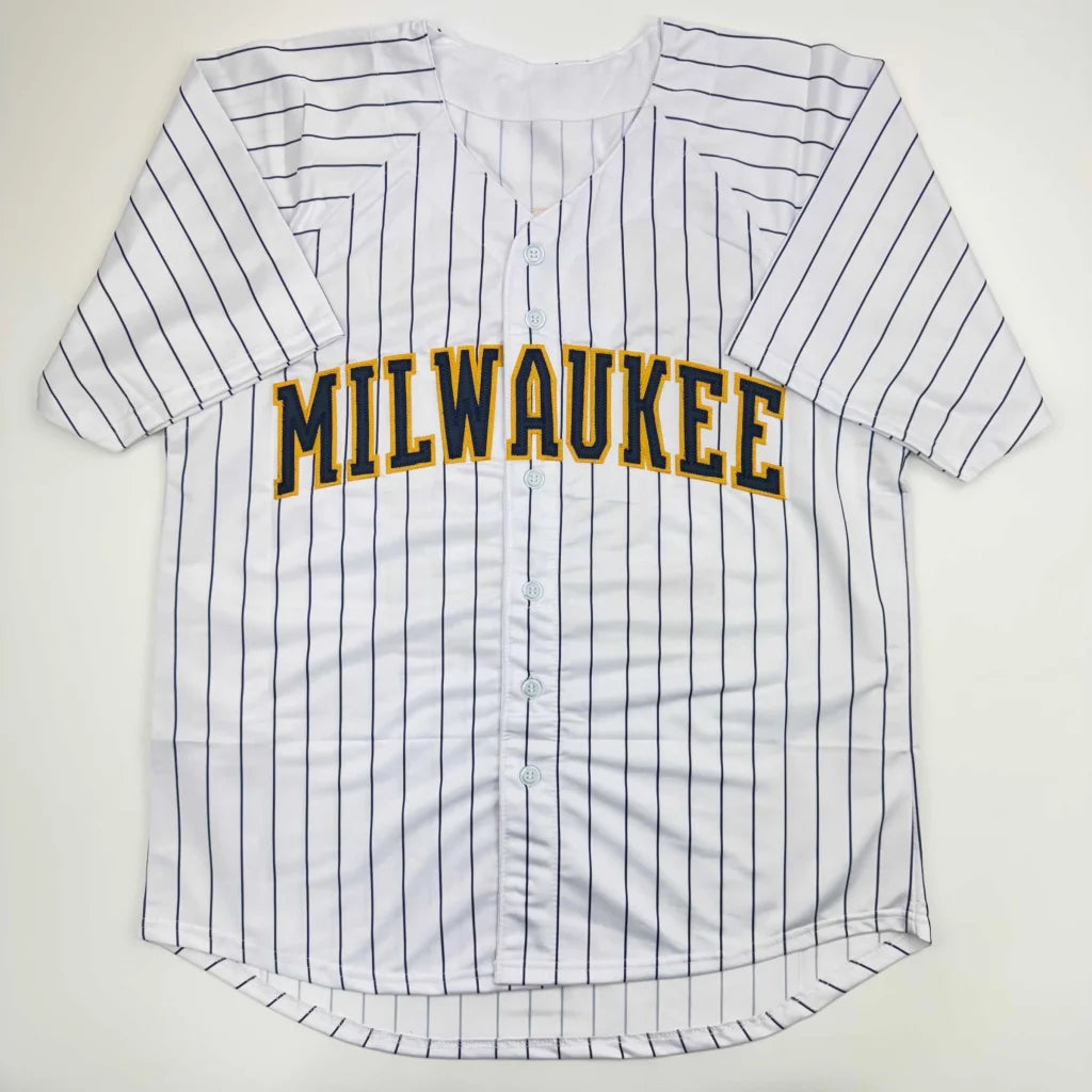 Autographed Jacob Misiorowski custom Milwaukee pinstripe jersey in professional sports league