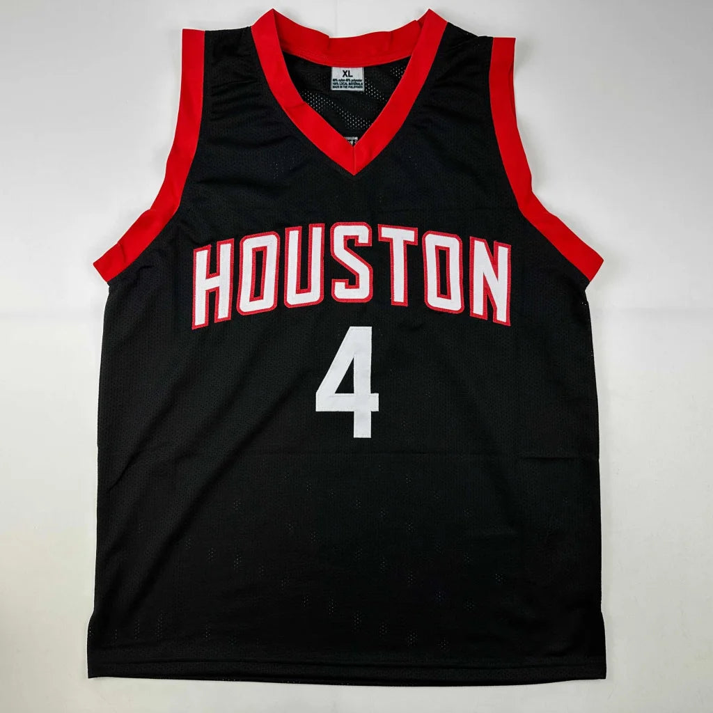 Black basketball jersey with red trim and white numbers from a professional sports league