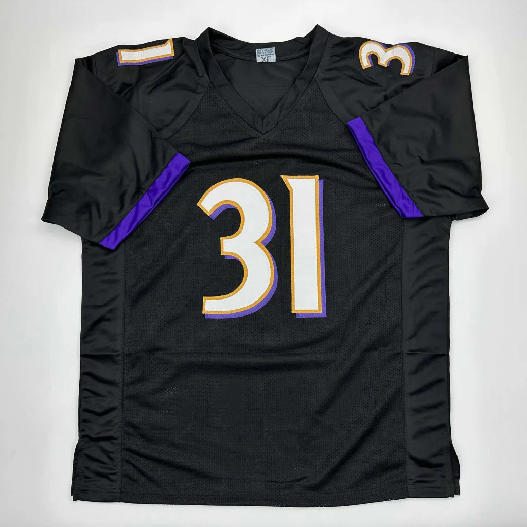 Black custom jersey with purple white and gold numbers from J Lewis 31 professional sports league