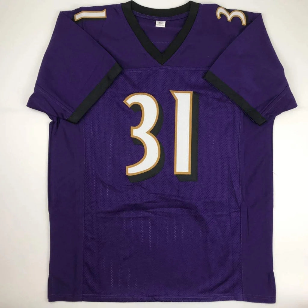 Purple Jamal Lewis Baltimore custom jersey with white and gold 31 number, autographed