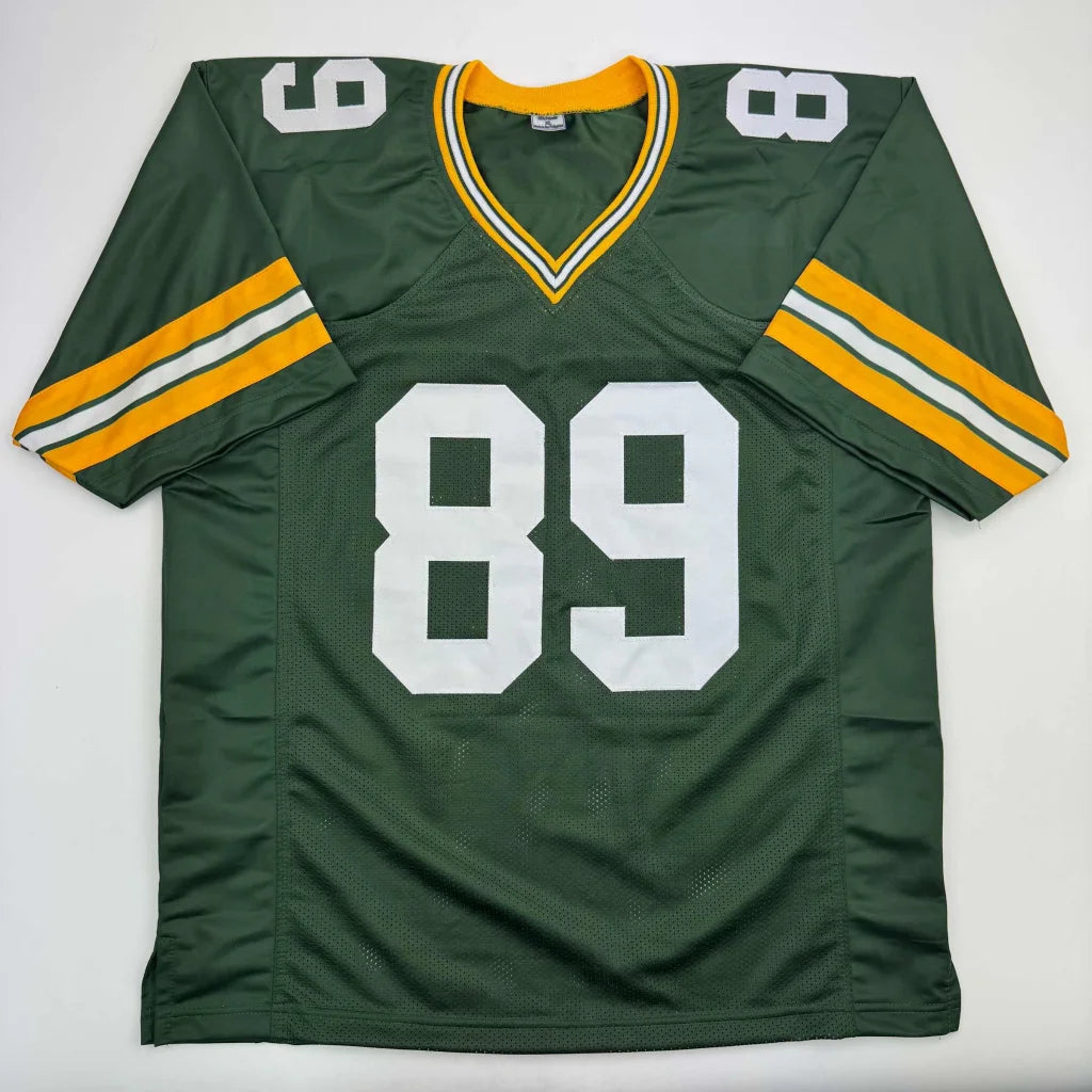 Dark green custom jersey signed by James Jones Green Bay Legend with number 89 and striped sleeves