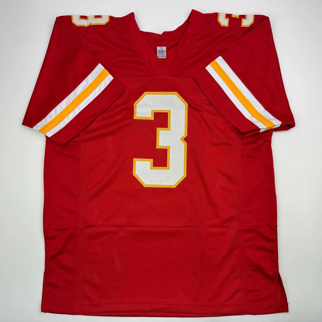 Red custom jersey with white and gold number 3 from Legendary Jan Stenerud sports league autographed jersey