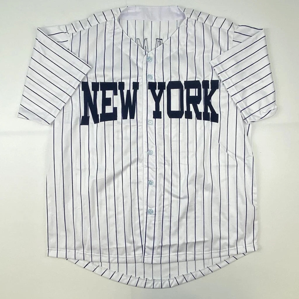 White pinstriped short-sleeve baseball jersey with NEW YORK for professional sports fans