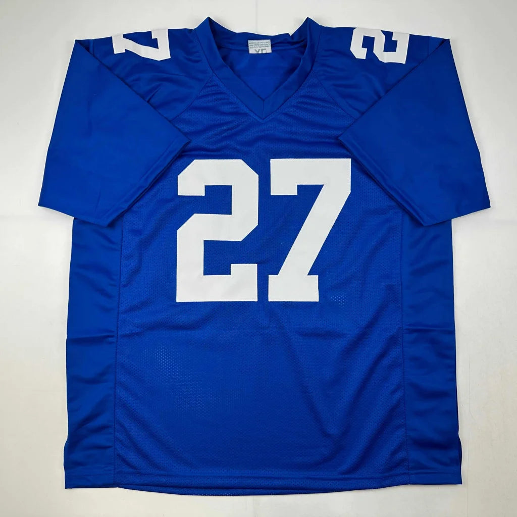 Blue short-sleeved Pinnock 27 jersey from a professional sports league, autographed style