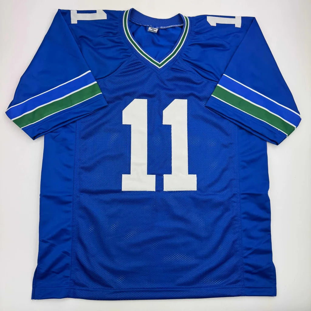Autographed jaxon smith-njigba seattle blue retro custom jersey with white number 11 and green white striped sleeves