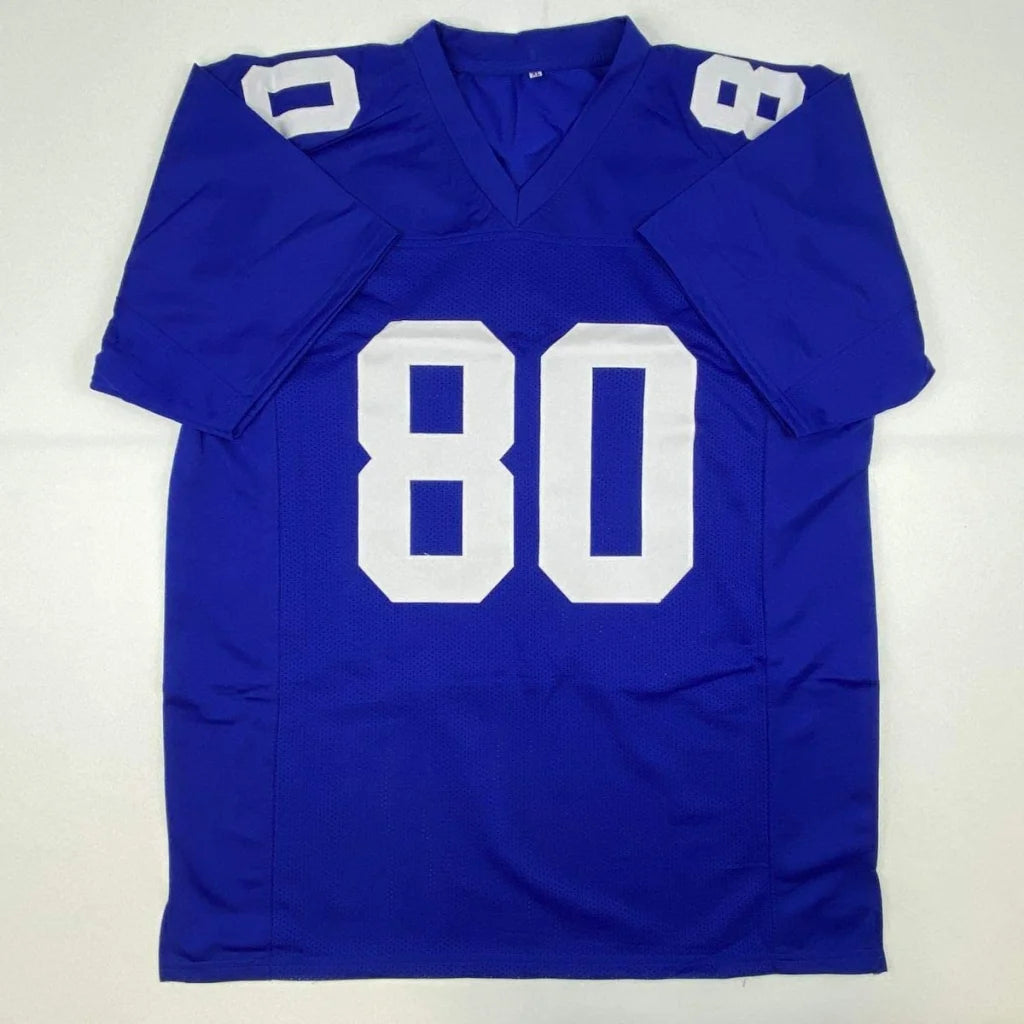 Autographed jeremy shockey new york blue custom jersey with white number 80 and breathable mesh fabric for professional sports league