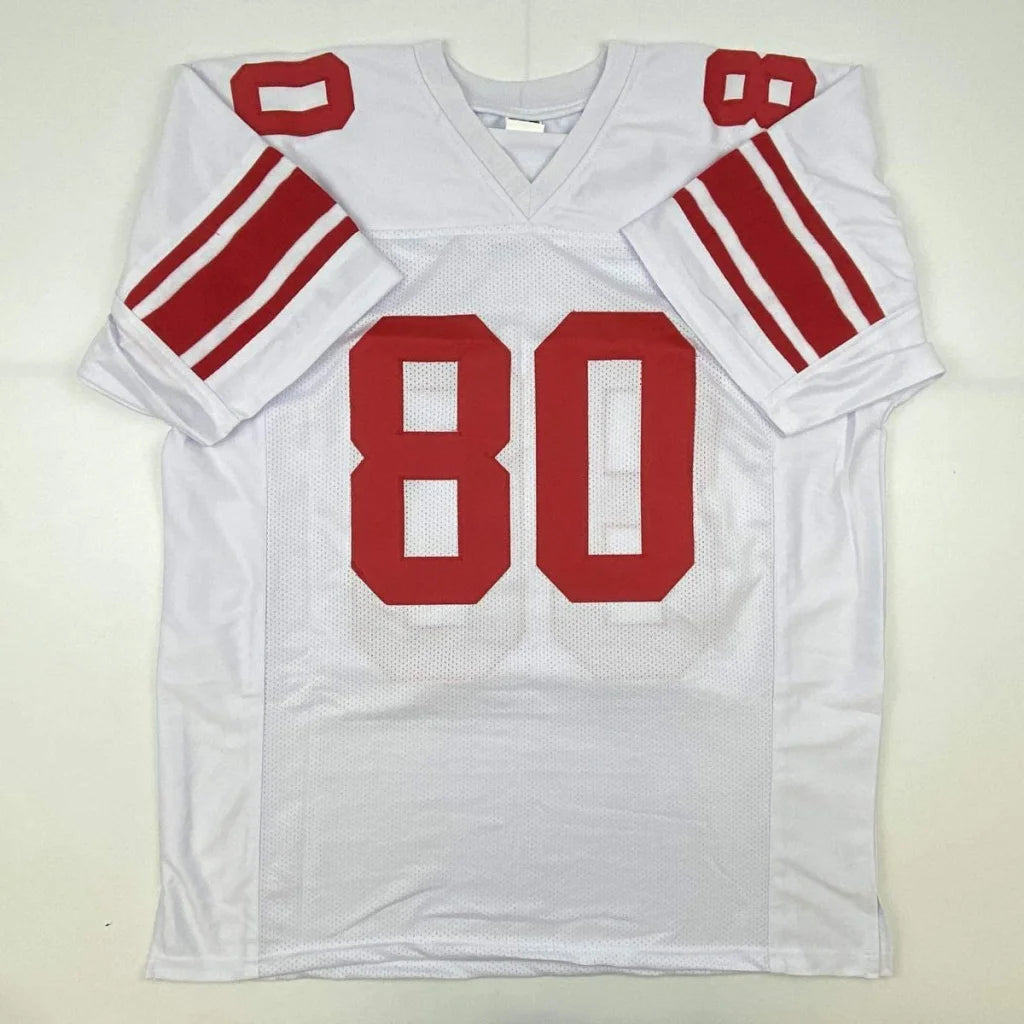 White football jersey with red number 80 and stripes, perfect for custom jersey fans