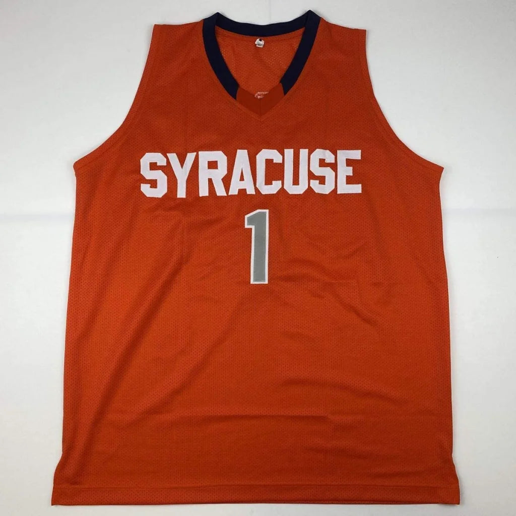 Orange Jim Boeheim custom jersey with V-neck and dark blue trim for professional sports