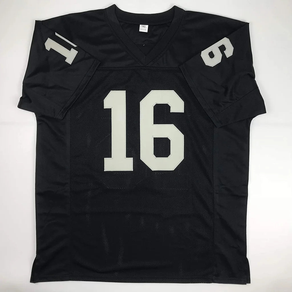 Black custom football jersey with white 16 front number and 1 9 sleeve numbers signed by jim plunkett for professional sports league