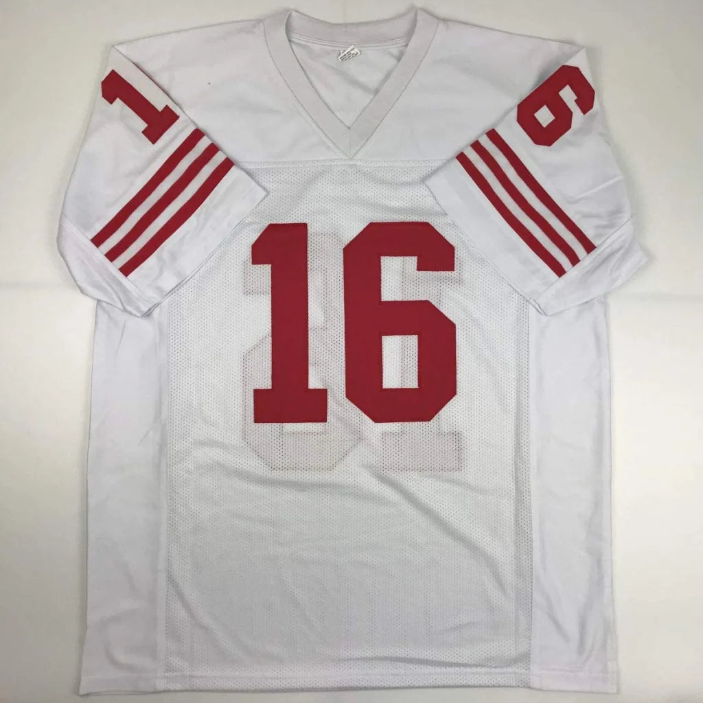 Autographed Joe Montana white custom jersey with red 16, San Francisco professional sports league