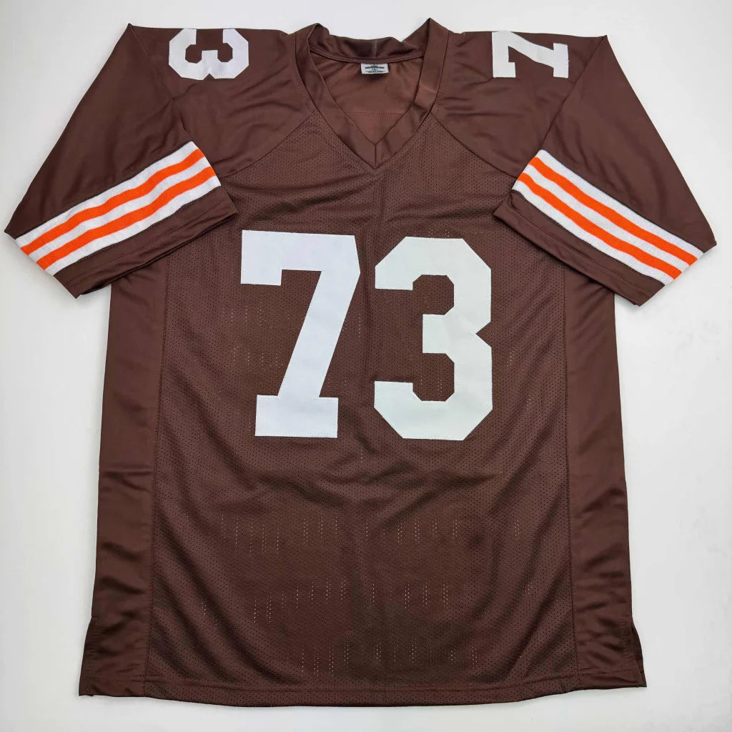 Autographed joe thomas cleveland brown custom jersey with white 73, orange sleeve stripes, mesh fabric for professional sports league fans