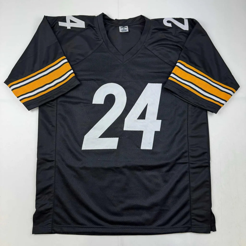 Black custom football jersey with white 24 number and gold white striped sleeves