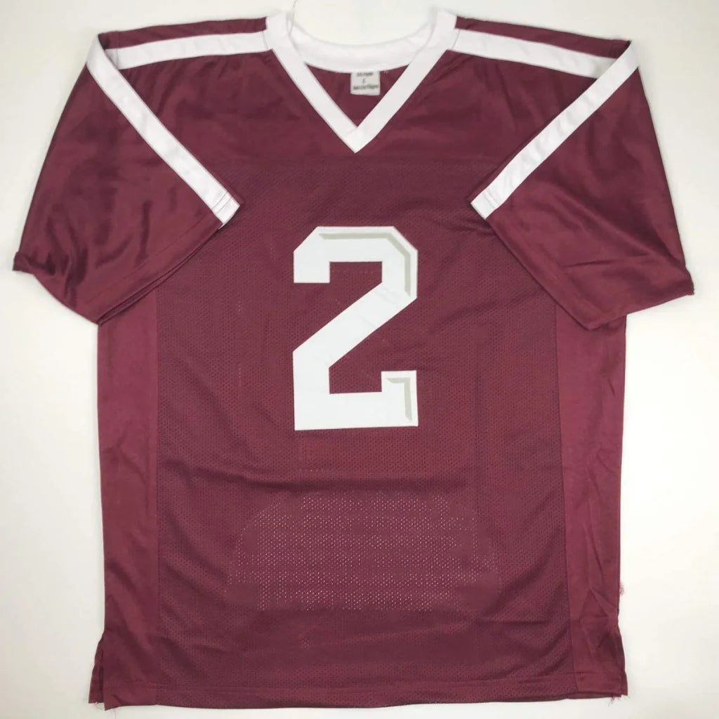 Autographed maroon and white Johnny Manziel custom jersey with v-neck mesh fabric and bold number 2 for professional sports fans